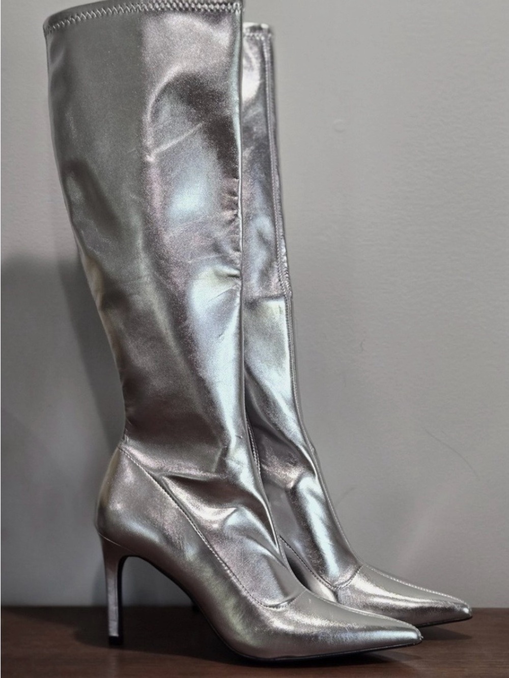 Open Edit Metallic Silver Knee High Pointy Toe Heeled Boots